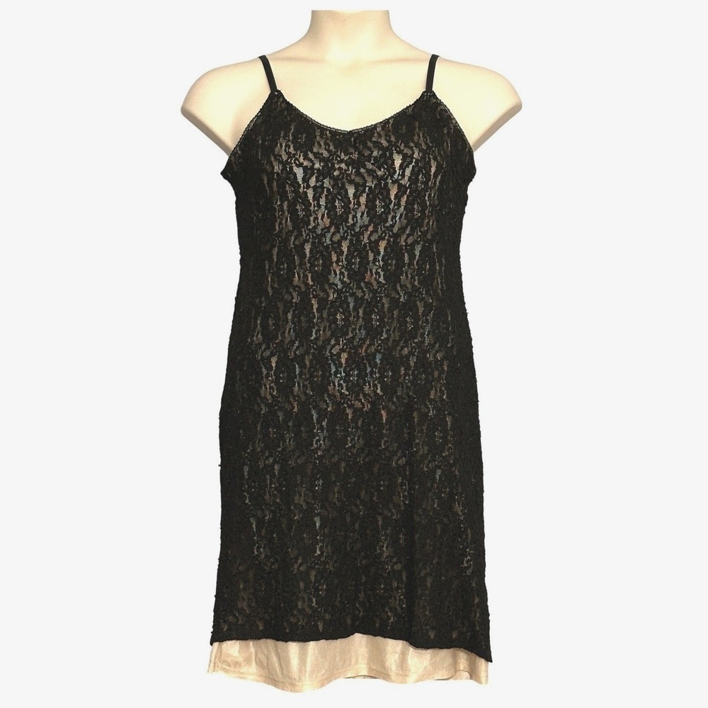 VTG 90s Y2K Express Womens Dress 14 Black Lace Nude Slip Whimsigoth Coquete Sexy